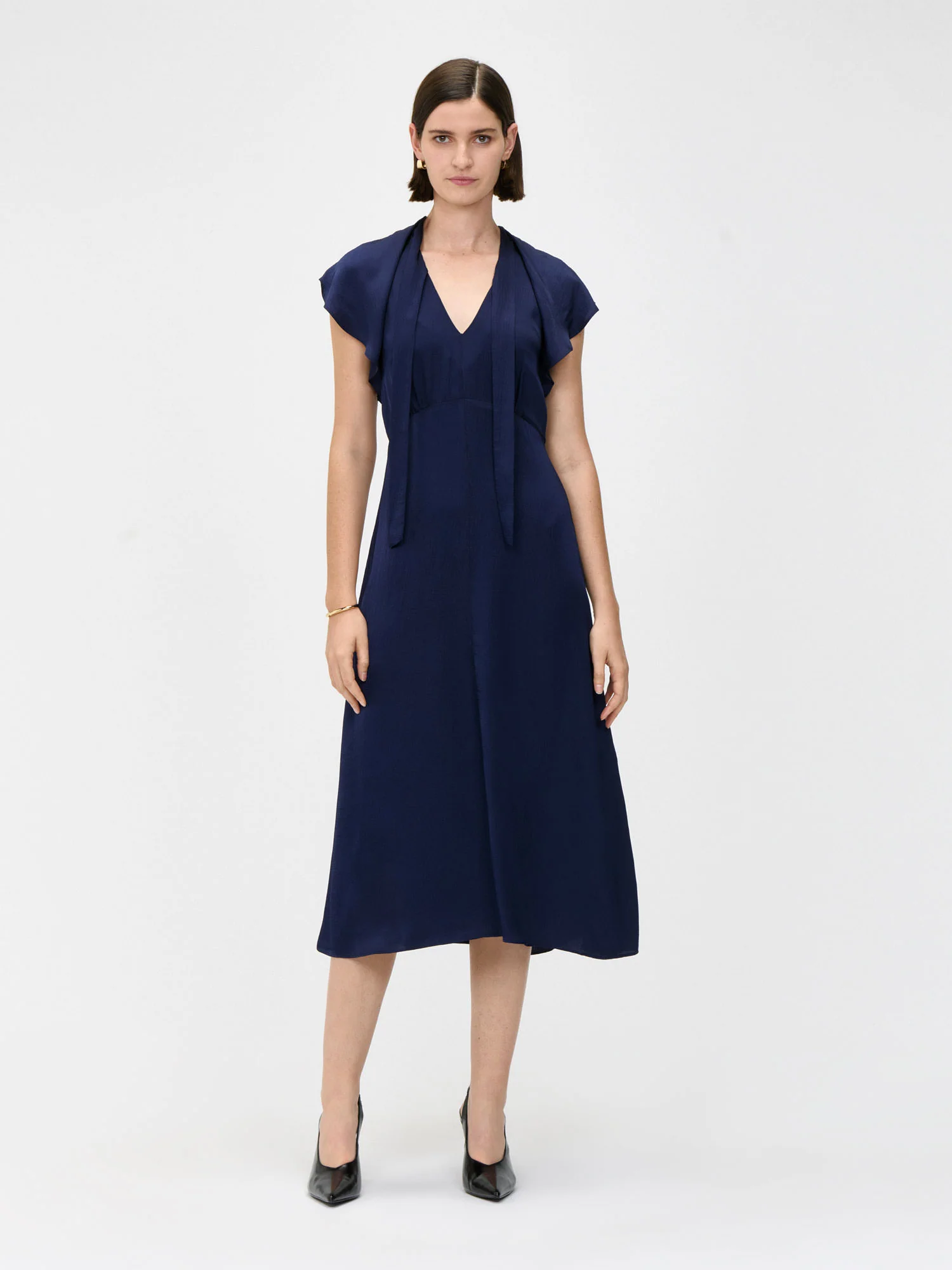 HAMMERED SATIN DRAPED NECK MIDI DRESS - Image 4