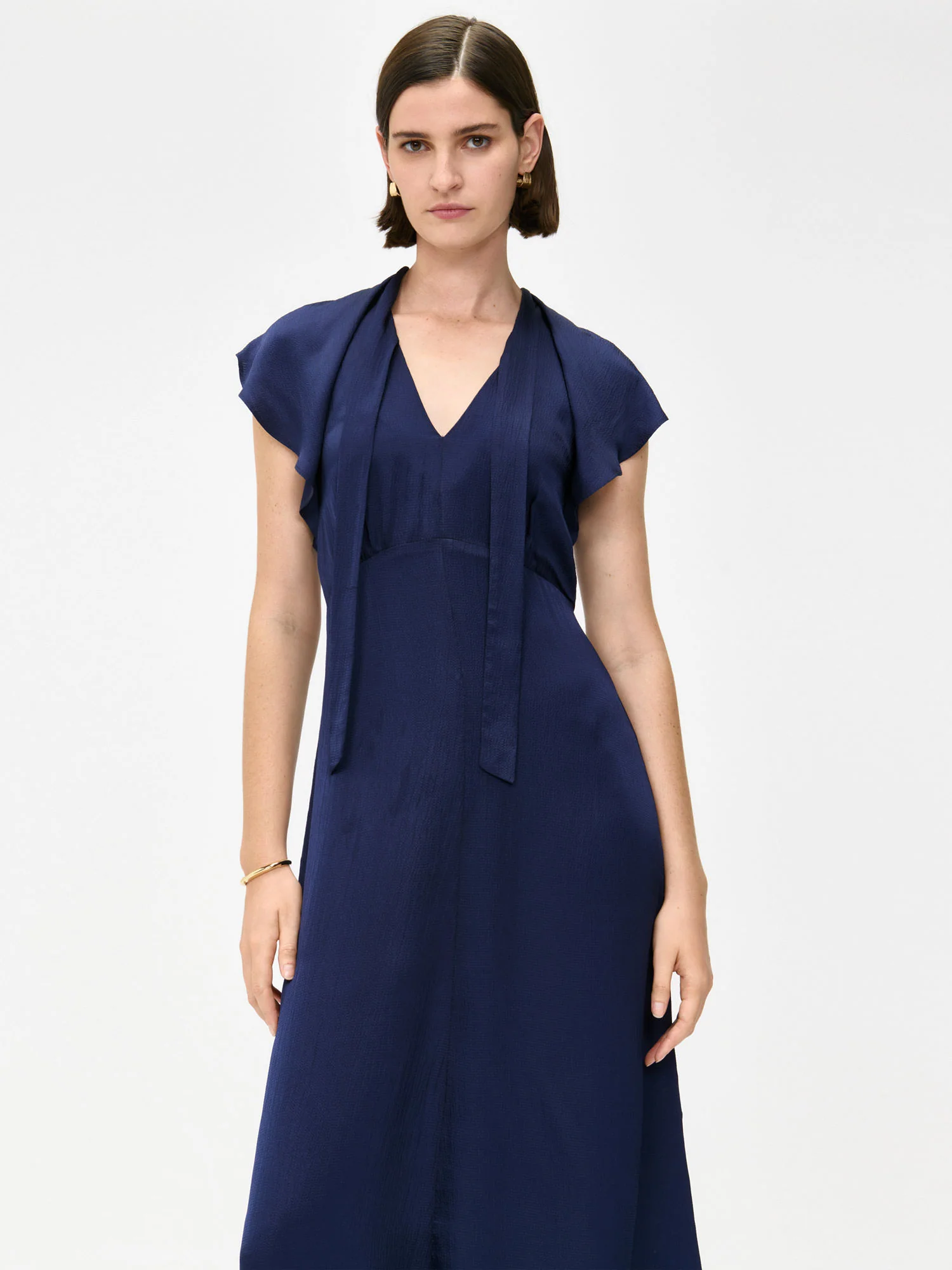 HAMMERED SATIN DRAPED NECK MIDI DRESS - Image 5